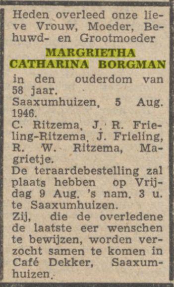overlijdensadvertentie margrietha catharina borgman on 5 Aug 1946.